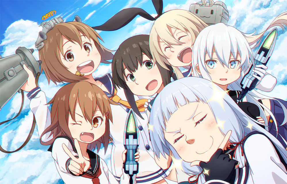 6+girls binoculars black_gloves black_hair black_sailor_collar blue_eyes blue_sailor_collar blush brown_eyes brown_hair closed_eyes cloud commentary_request day dress fang fingerless_gloves floating_headgear fubuki_(kancolle) gloves hair_ornament hair_ribbon hairclip headgear hibiki_(kancolle) hiroki_eiki holding holding_binoculars ikazuchi_(kancolle) kantai_collection long_hair looking_at_viewer multiple_girls murakumo_(kancolle) mvp neckerchief nose one_eye_closed open_mouth outdoors red_ribbon rensouhou-chan ribbon sailor_collar sailor_dress school_uniform serafuku shimakaze_(kancolle) short_hair sky smile smug sparkle tress_ribbon v white_dress white_hair yukikaze_(kancolle)