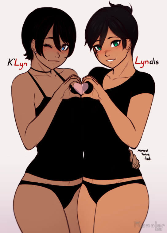 2018 2girls artist_name bare_shoulders black_hair black_panties black_shirt blue_eyes borrowed_character character_name collarbone commentary commission cowboy_shot crossover dark-skinned_female dark_skin earrings english_text green_eyes hand_on_another&#039;s_hip heart heart_hands heart_hands_duo jewelry k&#039;lyn look-alike looking_at_viewer lyndis multiple_girls no_pants one_eye_closed original panties parted_lips razalor shirt short_hair simple_background smile underwear