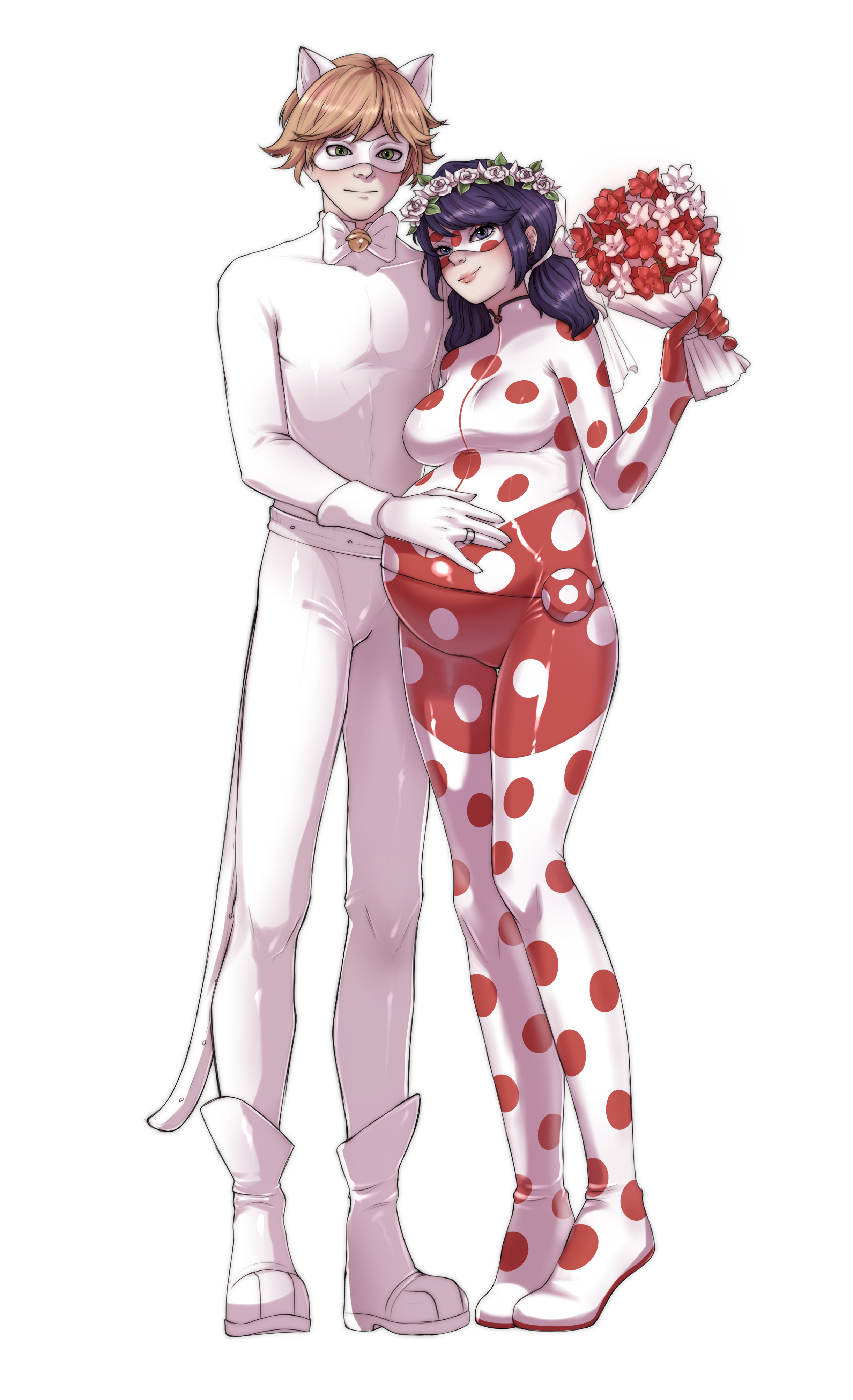 1boy 1girl absurdres adrien_agreste animal_ears blonde_hair blue_hair bodysuit bouquet bow bowtie bridal_veil cat_ears chat_noir couple earrings flower green_eyes hair_flower hair_ornament highres jewelry keiori_(keiorix) ladybug_(character) marinette_dupain-cheng mask miraculous_ladybug pregnant ring see-through_clothes short_hair simple_background toy twintails veil wedding yo-yo