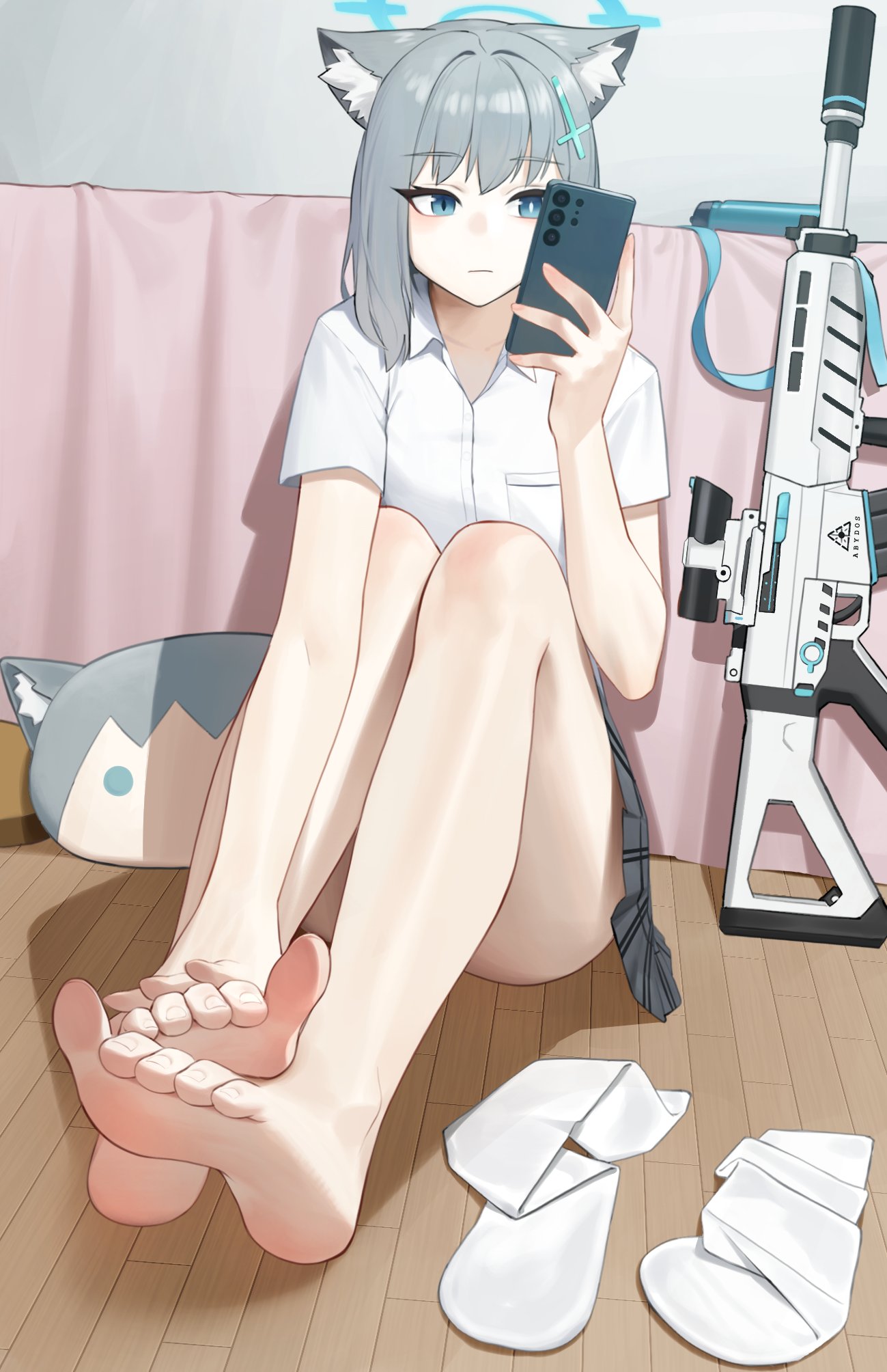 1girl animal_ears assault_rifle bare_legs barefoot blue_archive blue_eyes blue_halo cellphone closed_mouth commentary_request cross cross_hair_ornament expressionless eyelashes feet foot_focus full_body grey_hair gun hair_ornament halo hand_on_own_foot highres holding holding_phone inverted_cross jueun2817 knees_up korean_commentary legs looking_at_viewer miniskirt mismatched_pupils phone plaid_clothes plaid_skirt pleated_skirt rifle school_uniform shiroko_(blue_archive) shirt sig_sauer_556 sitting skirt smartphone socks soles solo toenails toes unworn_socks weapon white_shirt white_socks wolf_ears wooden_floor