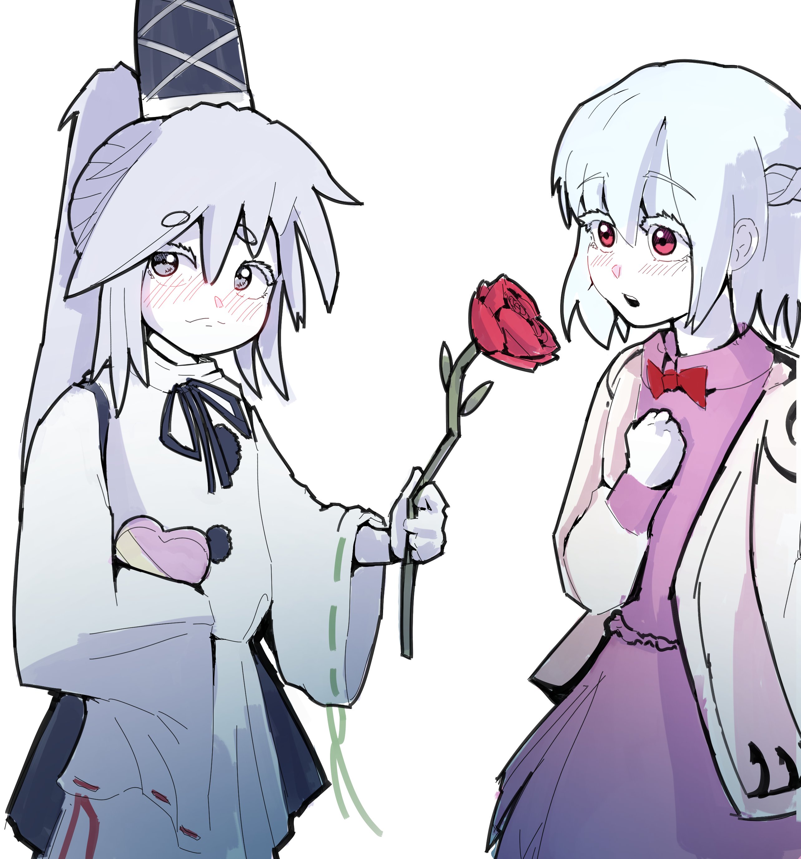 2girls 4rdilla absurdres blush bow bowtie box colored_eyelashes cowboy_shot dress flower giving_flower grey_eyes grey_hair hair_between_eyes hand_on_own_chest hat heart-shaped_box highres jacket japanese_clothes kariginu kishin_sagume long_hair long_sleeves looking_to_the_side mononobe_no_futo multiple_girls open_mouth pink_dress pom_pom_(clothes) ponytail red_bow red_bowtie red_eyes red_flower red_rose ribbon ribbon-trimmed_sleeves ribbon_trim rose short_hair tate_eboshi touhou upper_body white_background white_eyelashes white_jacket wide_sleeves