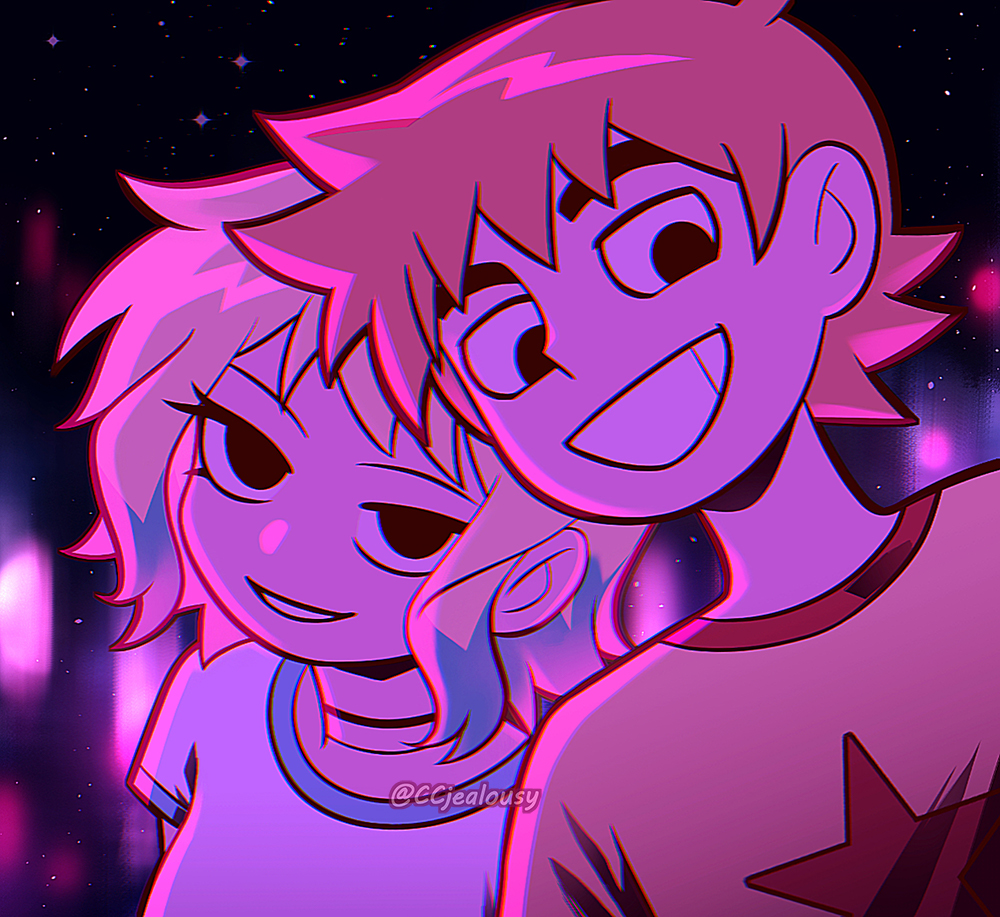 1boy 1girl aurora black_choker black_eyes blonde_hair blue_hair choker commentary czy_(2894456992) eyebrows_hidden_by_hair grin multicolored_hair orange_hair ramona_flowers scott_pilgrim scott_pilgrim_(series) smile star_(symbol) thick_eyebrows twitter_username two-tone_hair