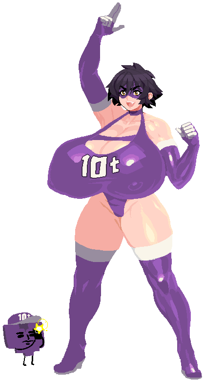 10-ton 1girl boku_no_hero_academia boots breasts elbow_gloves gigantic_breasts gloves leotard pointing pointing_up purple_hair purple_leotard s-purple short_hair smile thigh_boots thighhighs