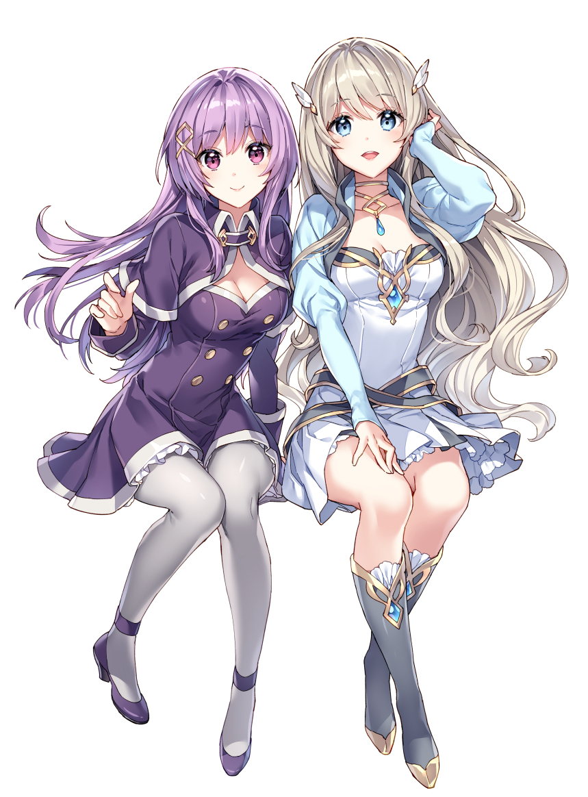 2girls :d aqua_eyes arcena_norman boots breasts capelet charlotte_eristein cleavage cleavage_cutout clothing_cutout cover cover_page crossed_ankles dress full_body grey_hair hair_ornament hand_in_own_hair hand_up high_heels isekai_cheat_magician jewelry knee_boots knees_together_feet_apart long_hair multiple_girls nardack necklace novel_cover official_art open_mouth pantyhose purple_dress purple_eyes purple_hair simple_background sitting smile white_background white_dress white_pantyhose wing_hair_ornament