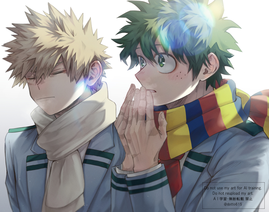 2boys artist_name bakugou_katsuki blazer blonde_hair blue_scarf blush boku_no_hero_academia breath closed_eyes closed_mouth commentary_request freckles frown green_eyes green_hair grey_jacket hands_up ho_(dotto615) jacket lapels lens_flare long_sleeves male_focus midoriya_izuku multicolored_scarf multiple_boys necktie open_mouth red_necktie red_scarf scar scar_on_hand scarf school_uniform shirt short_hair short_necktie simple_background spiked_hair striped_clothes striped_scarf twitter_username u.a._school_uniform upper_body warming_hands watermark white_background white_scarf white_shirt yellow_scarf