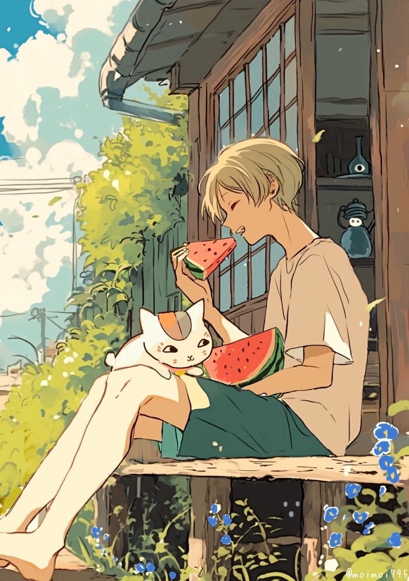 1boy baggy_clothes barefoot blue_flower blue_shorts brown_hair bush cat closed_eyes cloud cloudy_sky commentary eating facial_mark feet_out_of_frame fence flower food fruit hair_between_eyes holding holding_food kodama looking_at_food lying_on_lap male_focus moimoi795 multicolored_cat natsume_takashi natsume_yuujinchou nyanko-sensei on_lap open_mouth outdoors plant porch pottery power_lines shelf shirt short_sleeves shorts shouji sky sliding_doors summer t-shirt teeth tile_roof traditional_youkai upper_teeth_only watermelon watermelon_slice white_cat white_fur white_shirt wide_sleeves wooden_fence wooden_porch
