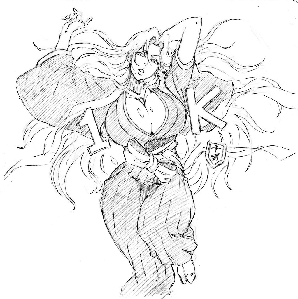 1girl bleach breasts cleavage kubo_tite_(style) large_breasts long_hair matsumoto_rangiku rakusakugk shihakusho solo