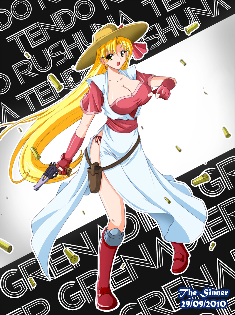 1girl :d artist_name blonde_hair breasts cleavage copyright_name dated dress female_focus full_body gloves grenadier_(manga) gun hat holding holding_gun holding_weapon holster large_breasts long_hair open_mouth pink_gloves red_footwear shell_casing smile solo standing tendou_rushuna the-sinner weapon yellow_eyes