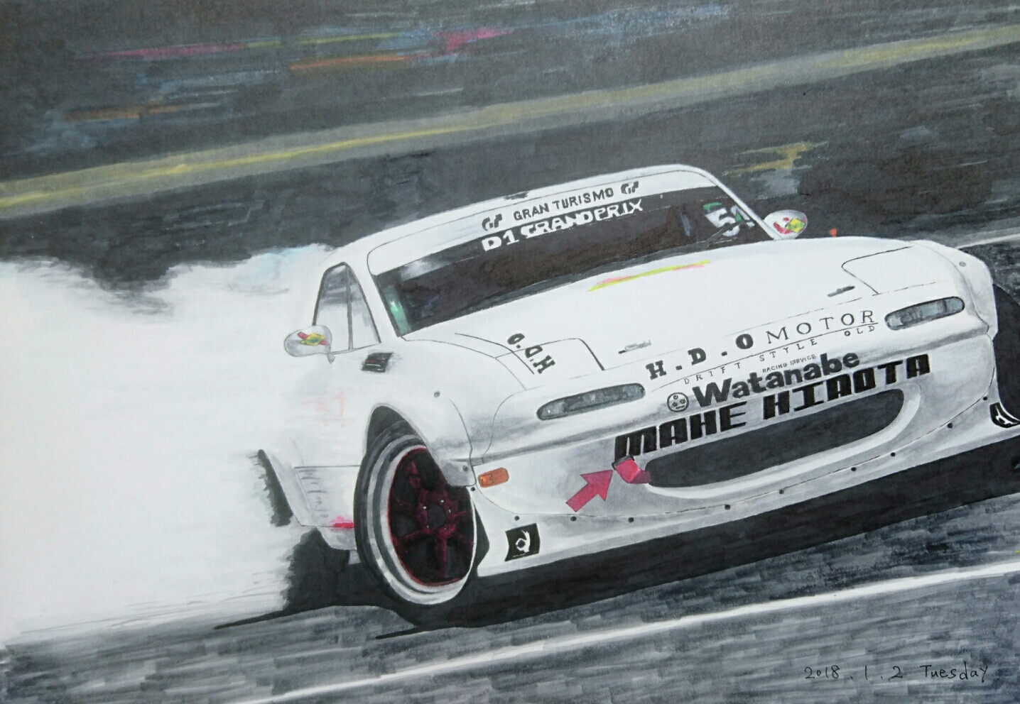 arrow_(symbol) boku-kun car d1_grand_prix drifting eunos_roadster gran_turismo marker_(medium) mazda mazda_mx-5 mazda_mx-5_na motor_vehicle no_humans race_vehicle racecar shadow smoke sponsor sports_car traditional_media vehicle_focus white_car