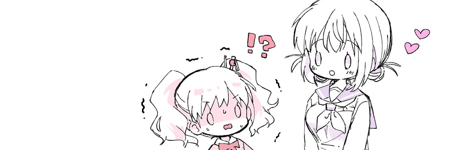 !? 2girls :d alice_cartelet bad_link bow breasts creator_connection flat_chest furrowed_brow hair_ornament hara_yui heart height_difference kin-iro_mosaic light_blush limited_palette lone_nape_hair looking_at_another majo_wa_mangetsu_ni_saku medium_breasts minato_shima multiple_girls official_art open_mouth pink_bow school_uniform serafuku shaded_face short_hair size_difference smile spoken_heart sweat nervous_sweating trembling twitter_banner upper_body wavy_mouth