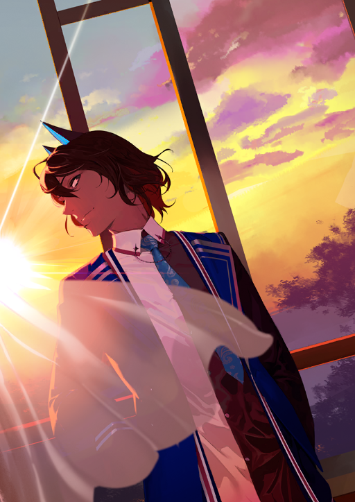1boy arjuna_(fate) arjuna_alter_(fate) arjuna_alter_(student_council_president)_(fate) black_jacket black_shirt blazer blue_jacket blue_necktie brown_eyes brown_hair buttons closed_mouth colored_lapels curtains dark-skinned_male dark_skin diffraction_spikes dress_shirt dutch_angle fate/grand_order fate_(series) game_cg hair_between_eyes indoors jacket long_shirt looking_to_the_side male_focus multicolored_jacket necktie official_art open_clothes open_jacket pako_(pakosun) shirt short_hair solo sun sunlight sunset third-party_source two-tone_shirt upper_body variant_set white_shirt window