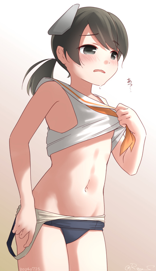1girl black_eyes black_hair black_one-piece_swimsuit clothes_pull cowboy_shot grey_background groin headgear i-41_(kancolle) kantai_collection low_ponytail medium_hair navel neckerchief one-hour_drawing_challenge one-piece_swimsuit one-piece_swimsuit_pull orange_neckerchief ponytail ray.s sailor_collar school_swimsuit shirt sleeveless sleeveless_shirt solo standing swimsuit white_sailor_collar white_shirt