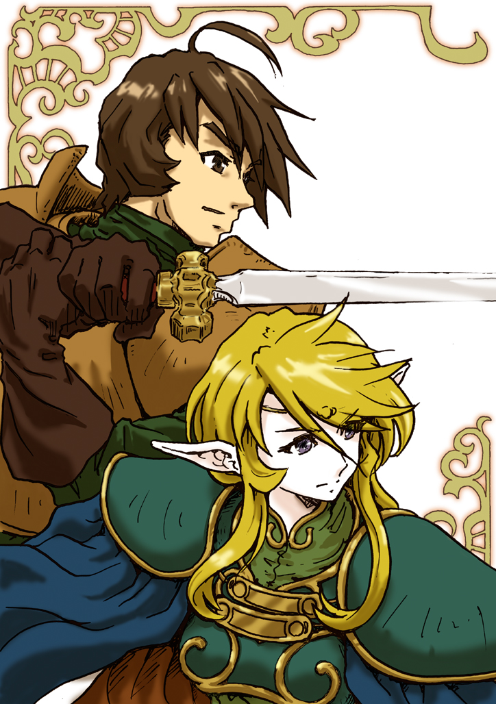 1boy 1girl ahoge armor bad_id bad_pixiv_id blonde_hair blue_eyes brown_eyes brown_hair circlet deedlit elf parn_(lodoss) pauldrons pointy_ears record_of_lodoss_war short_hair shoulder_armor supe_(yuusyasupepen)