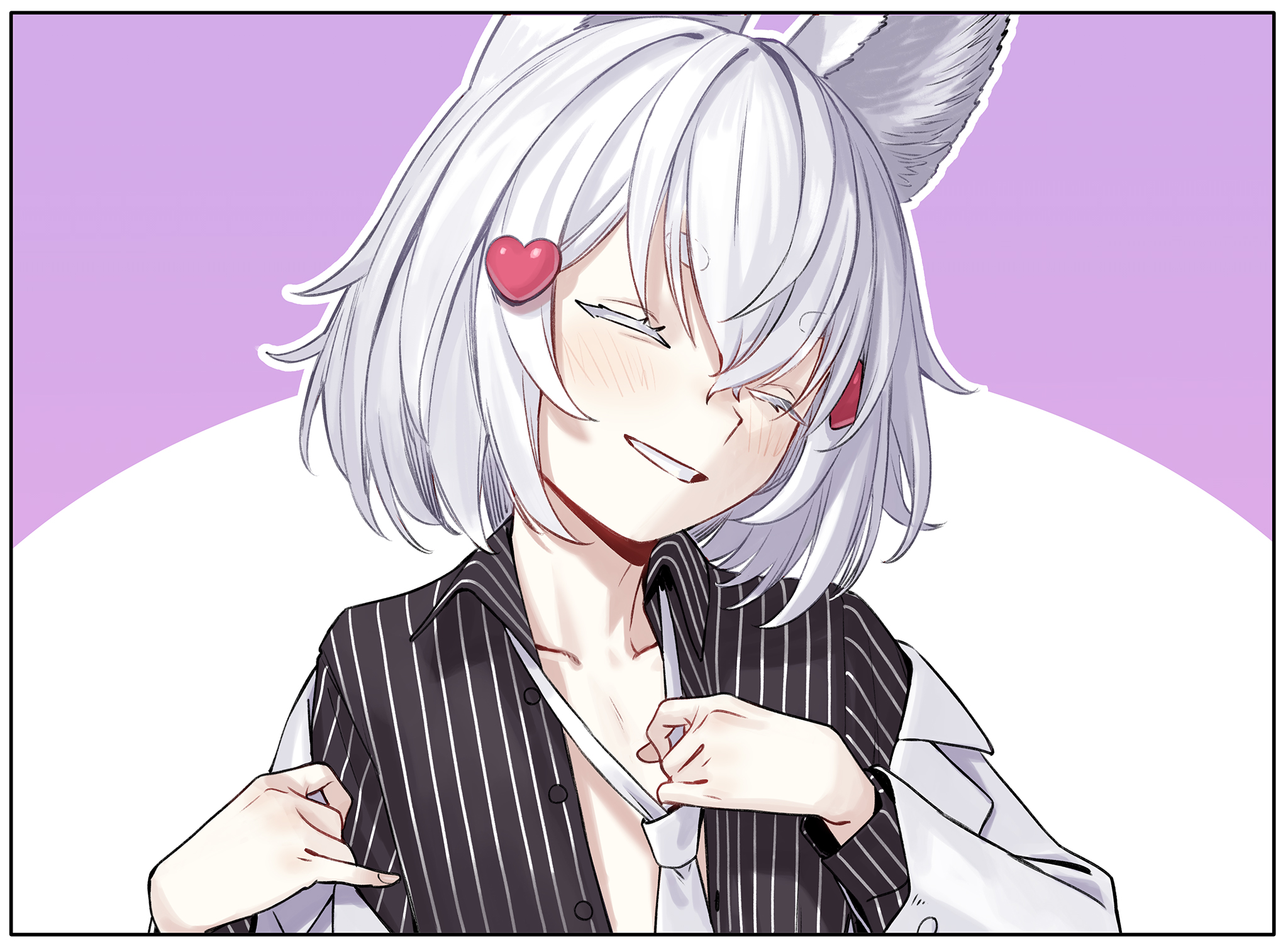 1girl agemmata animal_ear_fluff animal_ears closed_eyes flat_chest fox_ears fox_girl hair_between_eyes hair_ornament heart heart_hair_ornament highres long_sleeves necktie open_mouth phase_connect tenma_maemi undressing virtual_youtuber white_hair white_necktie