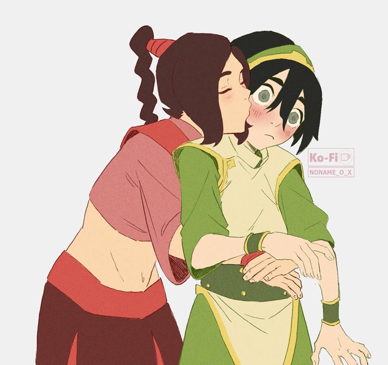 2girls armlet artist_name avatar:_the_last_airbender avatar_legends bad_link belt black_hair blind blush braid braided_ponytail brown_hair commission crop_top dress green_hairband green_tunic grey_eyes hair_between_eyes hair_bun hairband high_braided_ponytail hug hug_from_behind jewelry kiss kissing_cheek ko-fi_commission long_hair midriff multiple_girls navel noname_o_xxx pink_dress short_hair single_braid single_hair_bun surprise_kiss surprised toph_beifong tunic ty_lee yuri