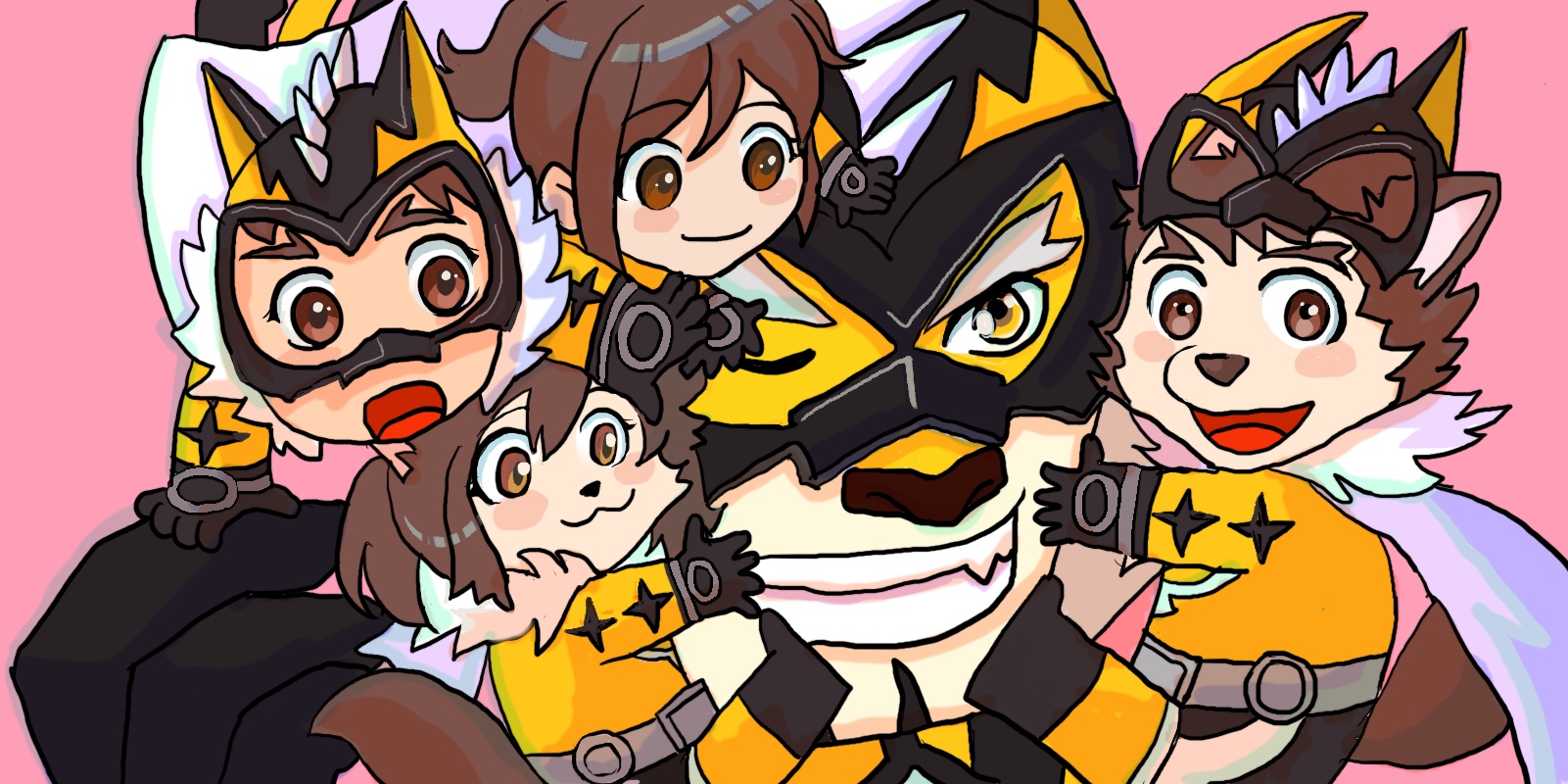 2girls 3boys brown_eyes brown_hair cape cat_girl dog_boy female_protagonist_(live_a_hero) gloves highres live_a_hero male_protagonist_(live_a_hero) mask multiple_boys multiple_girls ryekie_(live_a_hero) size_difference smile snapper_(鯛奴) tiger yellow_eyes yellow_fur