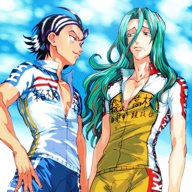 2boys bad_id bad_pixiv_id bike_jersey bike_shorts black_hair blue_eyes blue_sky cloud day eye_contact green_eyes green_hair hair_between_eyes hairband hand_on_own_hip streaked_hair long_hair looking_at_another makishima_yuusuke male_focus mole mole_under_eye mole_under_mouth multicolored_hair multiple_boys red_hair sky smile standing streaked_hair toudou_jinpachi two-tone_hair unzipped wavy_hair white_hairband yowamushi_pedal zakki