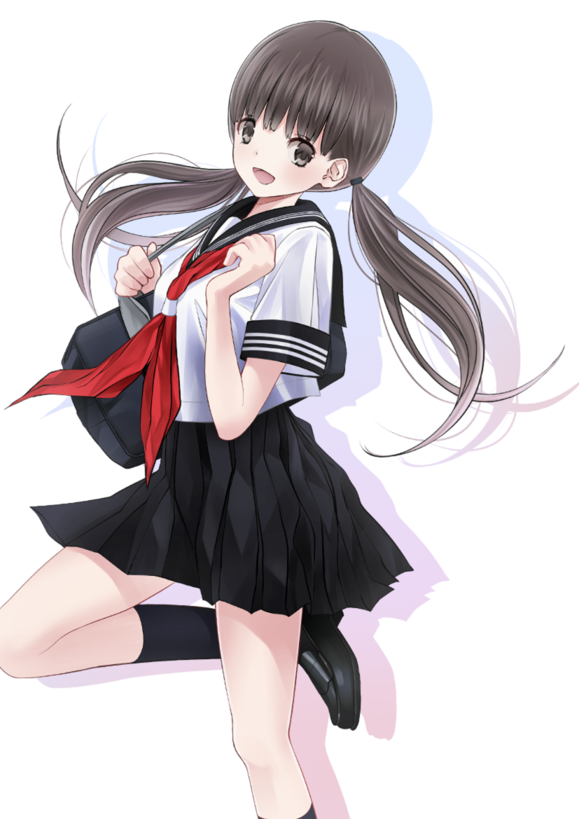 1girl bad_id bad_nicoseiga_id barefoot brown_eyes brown_hair chikuwa_(glossymmmk) chikuwa_(odennabe) female_focus long_hair looking_at_viewer neckerchief open_mouth scarf school_uniform serafuku shadow smile socks solo transparent_background twintails