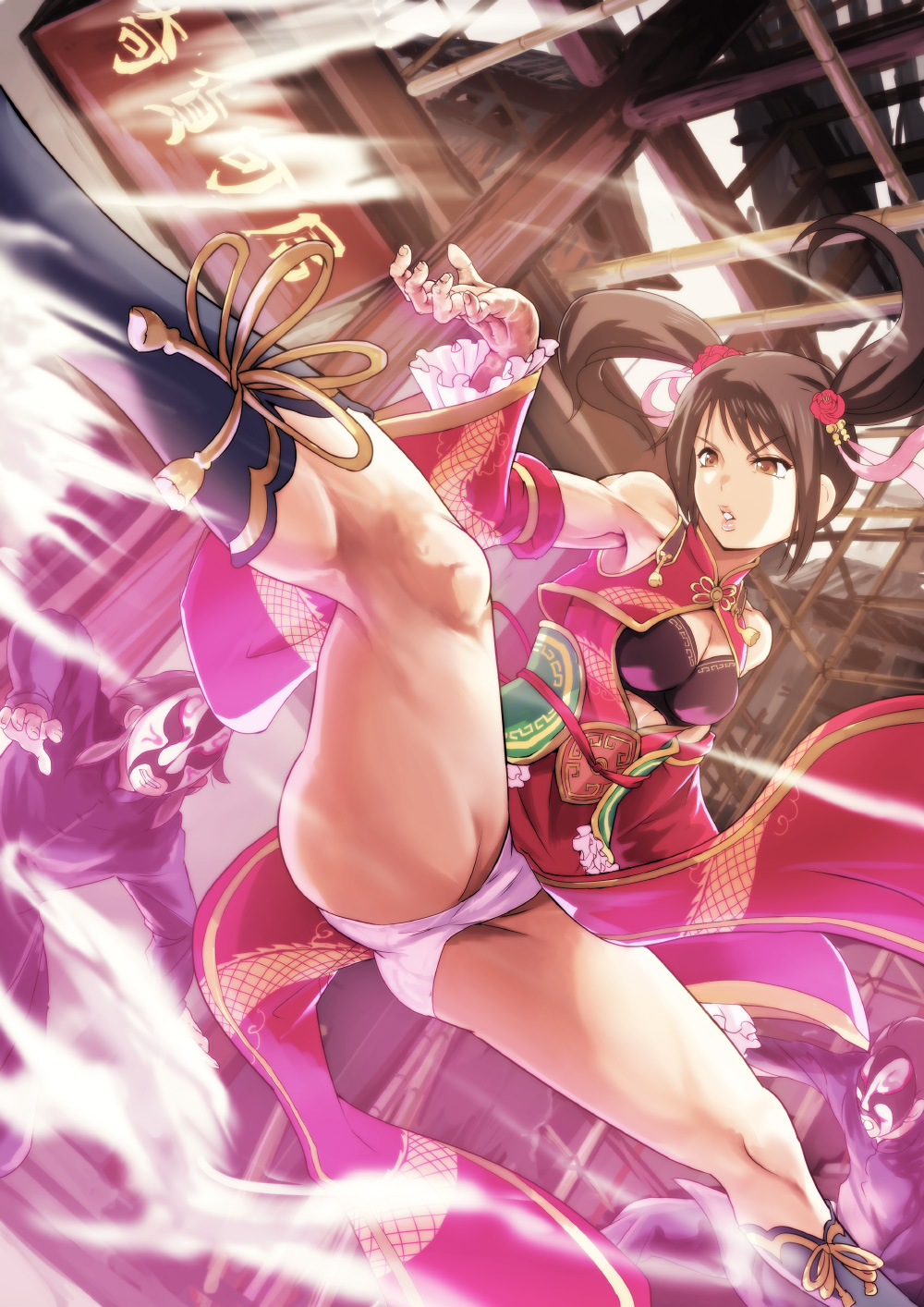 10s 1girl black_hair blz breasts brown_eyes chinese_clothes cleavage female_focus flower hair_flower hair_ornament highres idolmaster idolmaster_cinderella_girls kicking long_hair mask nakano_yuka panties pantyshot parted_lips solo split tabard twintails underwear