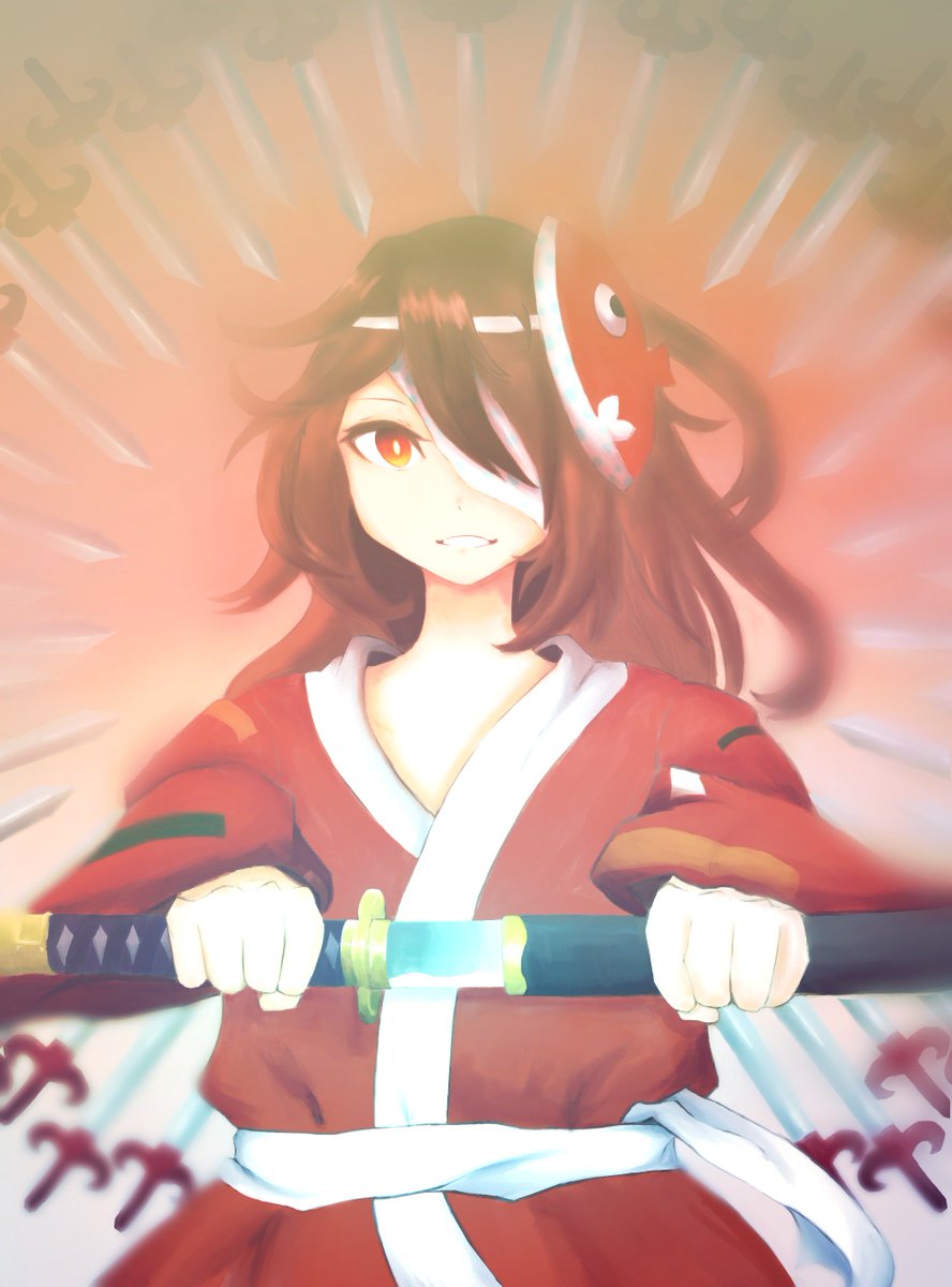 1other ametsukana_yago androgynous bandage_over_one_eye bright_pupils brown_hair commentary_request cowboy_shot dot_nose eyelashes floating floating_object gohaku_(breakoff) gradient_background grin happy highres holding holding_sword holding_weapon japanese_clothes katana kimono knife len&#039;en long_hair long_sleeves looking_at_viewer mask mask_on_head noh_mask other_focus red_background red_eyes red_kimono red_mask sheath smile solo straight-on sword unsheathing weapon white_pupils wide_sleeves