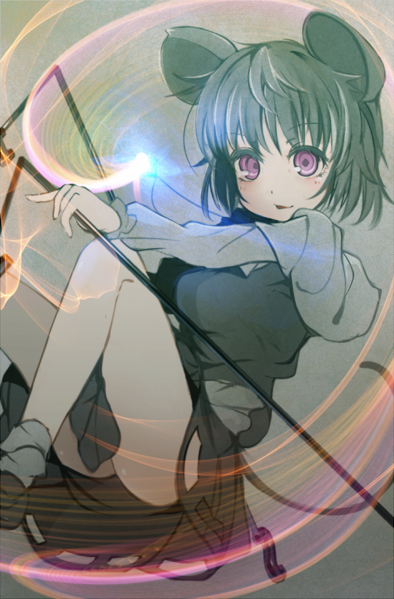 1girl alternate_eye_color animal_ears ass bad_id bad_pixiv_id blush capelet clothes_between_thighs dowsing_rod female_focus glowing gradient_background grey_hair legs_up long_sleeves looking_at_viewer mouse_ears mouse_tail nazrin open_mouth purple_eyes radiosity_(yousei) shirt short_hair skirt skirt_set smile socks solo tail touhou