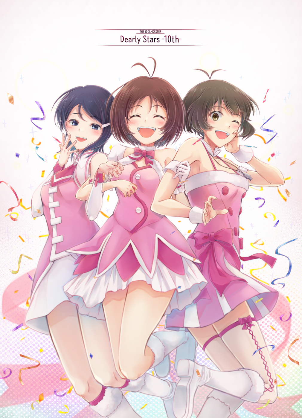1boy 2girls akizuki_ryo antenna_hair arigato_(rmskrtkdlqj) asymmetrical_sleeves bare_shoulders blue_eyes blue_hair blush boots bow bowtie breasts brown_eyes brown_hair closed_eyes collar collarbone confetti crossdressing cute_&amp;_girly_(idolmaster) dearly_stars_(idolmaster) detached_collar detached_sleeves dot_nose dress dress_bow frilled_skirt frills fur-trimmed_dress fur_trim gloves gradient_background hair_ornament hairclip halftone hands_up hidaka_ai highres holding_another&#039;s_arm idolmaster idolmaster_dearly_stars jewelry jumping knee_boots leg_up medium_breasts mizutani_eri multiple_girls necklace necktie off-shoulder_dress off_shoulder one_eye_closed open_hand open_mouth pink_bow pink_bowtie pink_dress pink_necktie pink_shirt pink_trim ribbon-trimmed_thighhighs ribbon_trim see-through_clothes see-through_thighhighs shirt shoe_soles short_hair single_bare_shoulder single_glove skirt sleeveless sleeveless_dress smile standing standing_on_one_leg teeth thighhighs trap upper_teeth_only white_background white_boots white_collar white_gloves white_skirt white_sleeves white_wrist_cuffs wrist_cuffs