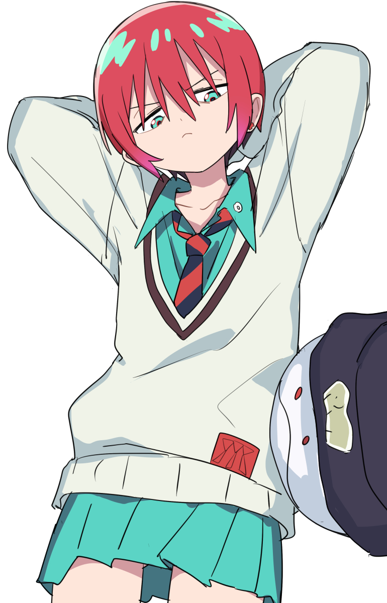 1girl amate_yuzuriha aqua_eyes aqua_shirt aqua_skirt arms_behind_head collared_shirt commentary_request from_above gazacy_(dai) gundam gundam_gquuuuuux haro highres long_sleeves looking_down lying miniskirt necktie on_back pleated_skirt red_hair school_uniform shirt short_hair skirt solo sweater white_background