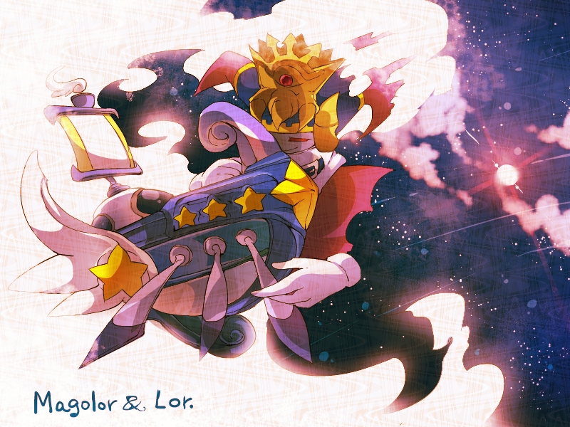 1boy belt belt_buckle blue_belt buckle cape character_name closed_mouth cloud commentary_request disembodied_hand gleam gloves gold_headwear half-closed_eyes horns hugging_object kirby_(series) lor_starcutter magolor male_focus mast master_crown nintendo oar planet rayman_limbs red_cape red_eyes red_horns scarf ship shirushiki smile space spacecraft star_(sky) star_(symbol) star_print two-tone_background watercraft white_background white_gloves white_scarf white_wings wings