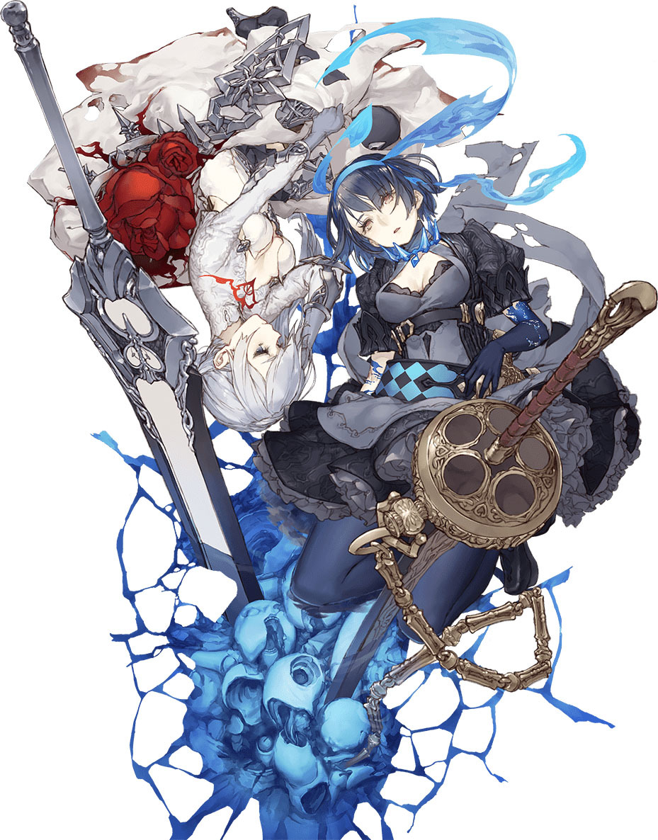 2girls album_cover alice_(sinoalice) belt black_dress blood blood_on_clothes bloody_clothes bloody_dress blue_fire blue_hair breasts breasts_apart cleavage_cutout clothing_cutout commentary cover crack cracked_floor doll doll_joints dress elbow_gloves english_commentary fire flower gloves greatsword grey_eyes grey_hair hairband hand_in_own_hair ji_no joints long_dress long_hair lying multiple_girls official_art orange_eyes pantyhose parted_lips planted planted_sword planted_weapon rose rotational_symmetry short_hair simple_background sinoalice snow_white_(sinoalice) sword third-party_source weapon white_background white_dress