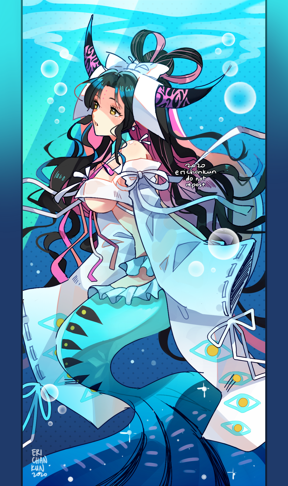 1girl air_bubble artist_name bikini black_hair black_horns blue_background breasts bubble caustics coll_(erichankun) colored_inner_hair commentary dated dated_commentary english_commentary english_text eye_print facial_mark fate/grand_order fate_(series) forehead_mark from_side full_body hair_rings highres horns large_breasts long_hair long_sleeves looking_afar mermaid_costume multicolored_hair multicolored_horns parted_bangs parted_lips pillarboxed pink_hair pink_horns pink_ribbon polka_dot polka_dot_background print_sleeves ribbon ribbon-trimmed_sleeves ribbon_trim sessyoin_kiara sessyoin_kiara_(swimsuit_mooncancer) sessyoin_kiara_(swimsuit_mooncancer)_(third_ascension) solo swimsuit underwater veil very_long_hair white_bikini white_ribbon white_veil wide_sleeves yellow_eyes