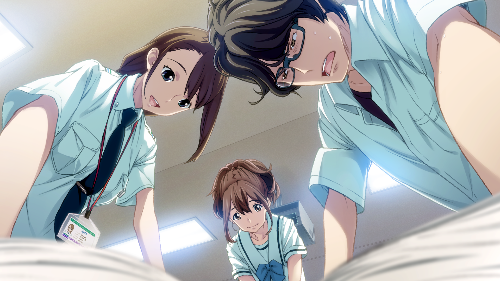 1boy 2girls aqua_eyes arm_support bent_over black_hair black_shirt blue_bow blue_necktie blurry blurry_foreground book bow breast_pocket breasts brown_eyes brown_hair ceiling ceiling_light chest_bow chuo_tanegashima_high_school_uniform collared_shirt cropped_shirt from_below fukuda_tomonori game_cg glasses green_eyes hair_between_eyes hair_tie hidaka_subaru high_ponytail highres id_card indoors jaxa lanyard long_hair looking_down multiple_girls necktie nervous nervous_sweating non-web_source official_art open_collar open_mouth pocket ponytail ponytail_with_braided_base robotics;notes sailor_collar school_uniform senomiya_akiho shiny_eyes shiny_lips shirt short_hair short_sleeves shoulder_boards small_breasts smile sweat t-shirt tennouji_nae tennouji_nae_(robotics;notes) tongue twintails white_sailor_collar white_shirt