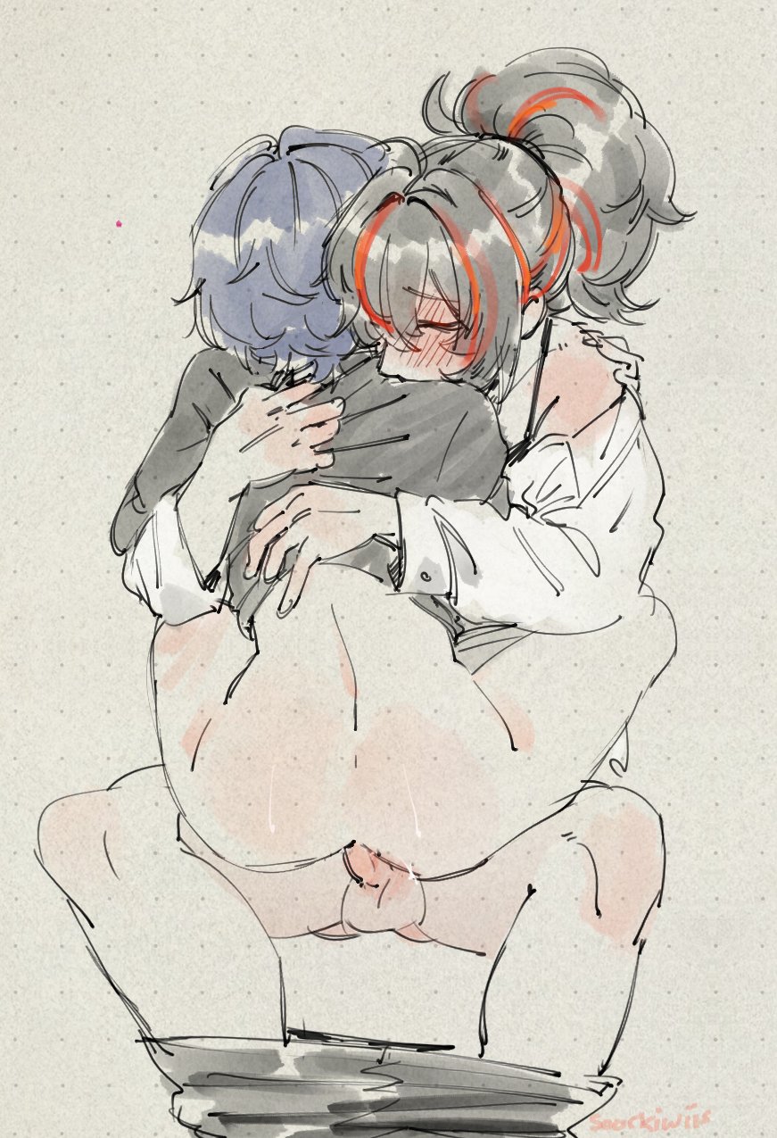 2girls ahoge ass belle_(zenless_zone_zero) black_bra black_hair black_pants black_shirt blue_hair blush bra closed_eyes clothes_pull commentary commission deertripetri feet_out_of_frame from_behind futa_with_female futanari grey_background hair_between_eyes hair_intakes hand_on_another&#039;s_shoulder highres hug lifting_another&#039;s_clothes multicolored_hair multiple_girls off-shoulder_shirt off_shoulder pants pants_pull penis ponytail red_hair red_streaks sex shirt short_hair spread_legs straddling streaked_hair testicles underwear upright_straddle white_shirt zenless_zone_zero zhu_yuan