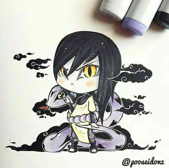 black_clouds black_hair blush chibi earrings eyeliner furrowed_brow gooseidonz jewelry layered_sleeves long_sleeves makeup manda_(naruto) markers naruto_(series) naruto_shippuuden orochimaru_(naruto) pout rope_belt rosy_cheeks short_over_long_sleeves short_sleeves slit_pupils tongue tongue_out touching_animal yellow_eyes