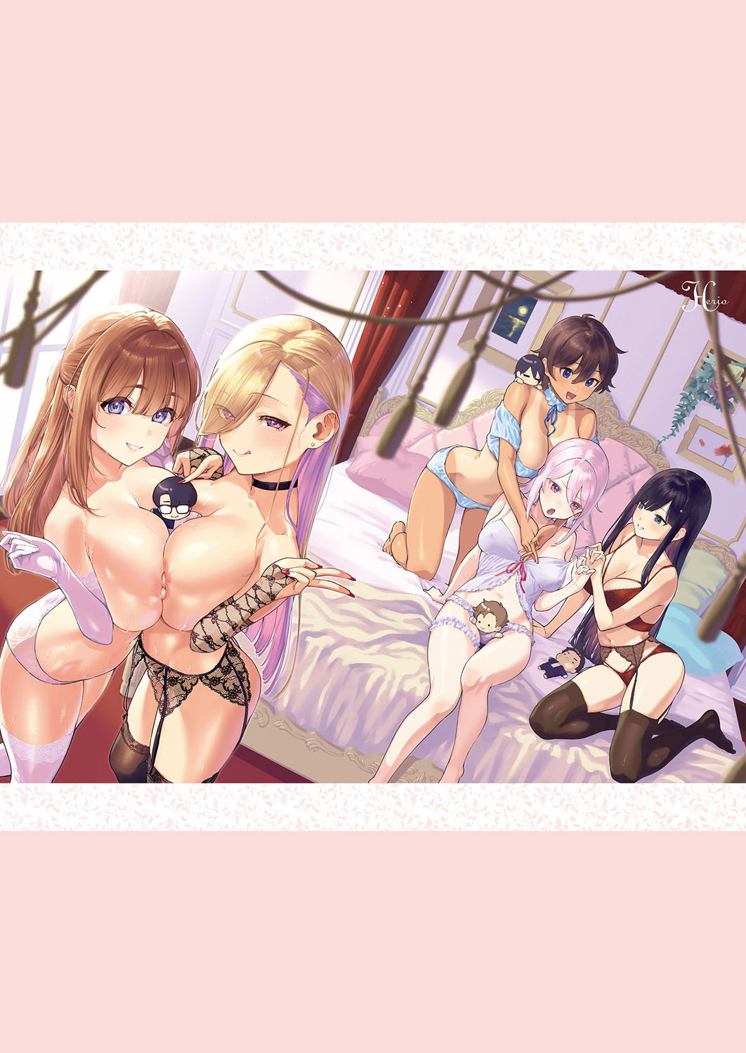 5girls :q bed between_breasts between_legs blonde_hair blue_eyes bra breast_press breasts brown_hair choker cleavage covered_erect_nipples female_focus garter_belt garter_straps herio highres indoors kneeling large_breasts legs lingerie long_hair looking_at_viewer multiple_girls nail_polish naughty_face nipples on_bed open_mouth original panties pillow pink_eyes pink_hair purple_hair sexually_suggestive short_hair sitting smile standing symmetrical_docking tan tanline thighhighs thighs tongue tongue_out topless_female underwear underwear_only v