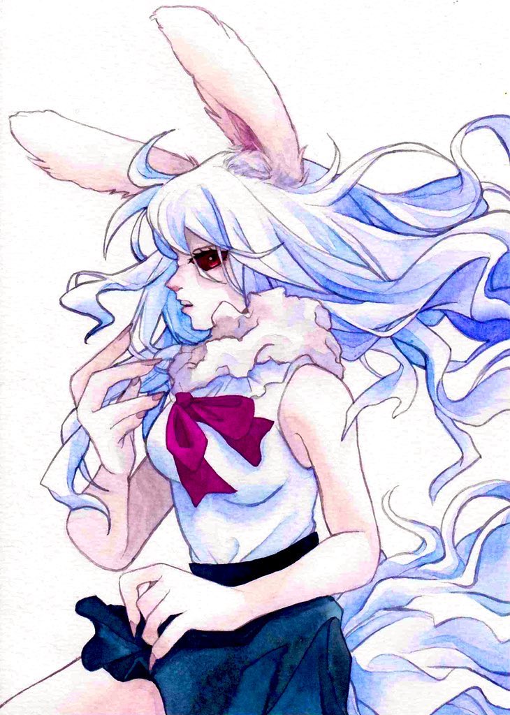 1girl animal_ears bow bowtie carrot_(one_piece) claws long_hair looking_ahead one_piece open_mouth profile purple_bow purple_bowtie rabbit_ears rabbit_girl red_eyes shirt sinoda_maru7326 skirt sleeveless solo sulong_form tail traditional_media white_hair white_shirt