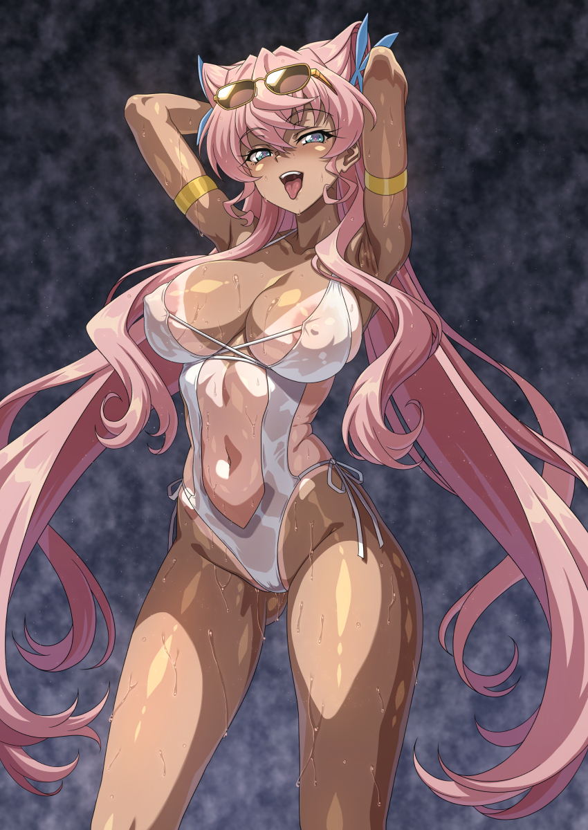 1girl areola_slip armband armpits arms_up blue_eyes blush breasts butterfly_hair_ornament cameltoe cleavage commentary_request covered_erect_nipples eyewear_on_head gluteal_fold hair_ears hair_ornament highres large_breasts long_hair looking_at_viewer maria_cadenzavna_eve navel one-piece_swimsuit one-piece_tan pink_hair senki_zesshou_symphogear shiny_skin skindentation solo standing swimsuit syunzou tan tanline tongue tongue_out very_long_hair wet white_one-piece_swimsuit