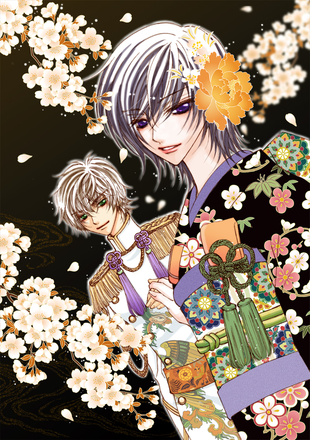 2boys bishounen black_background black_kimono black_theme brown_hair clothes code_geass couple crossdressing floral_print flower formal_clothes furisode gold_trim green_eyes grey_hair highres hiki_furisode holding holding_hands japanese_clothes kimono kou_(suzalulu) kururugi_suzaku lelouch_vi_britannia lipstick looking_down makeup male_focus multiple_boys obi print_kimono purple_eyes sash tuxedo upper_body v-shaped_eyebrows wedding yaoi