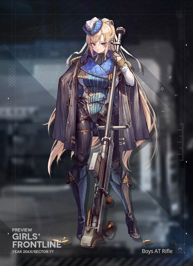 .55_boys 1girl ammunition anti-materiel_cartridge anti-materiel_rifle anti-tank_cartridge black_boots black_eyes black_gloves black_jacket black_pants blonde_hair blue_hat boots boys_(girls&#039;_frontline) boys_anti_tank_rifle braid character_name closed_mouth commentary copyright_name english_commentary french_braid full_body girls&#039;_frontline gloves gun half_gloves hand_on_own_hip hat holding holding_gun holding_weapon jacket jacket_on_shoulders knee_boots leotard long_hair long_sleeves looking_at_viewer medal multicolored_hat multicolored_leotard official_art pants rifle rifle_cartridge second-party_source shell_casing sniper_rifle solo standing striped_clothes striped_leotard suzuno_(bookshelf) vertical-striped_clothes vertical-striped_leotard very_long_hair weapon white_hat white_leotard