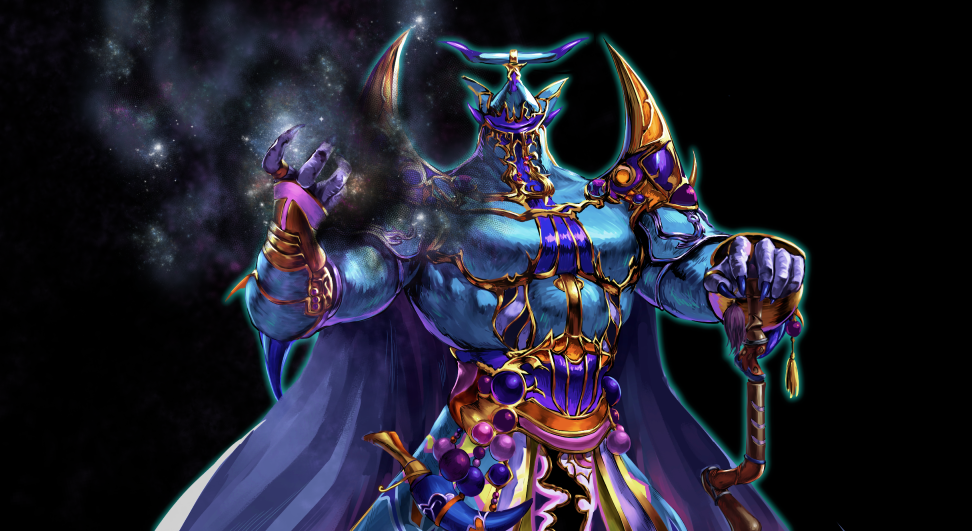 1boy armor beads black_background blue_armor blue_nails breastplate colored_skin d.chikusou exdeath fake_horns final_fantasy final_fantasy_v fingernails galaxy glowing glowing_eye hand_on_weapon helm helmet horned_headwear horned_helmet horns long_fingernails male_focus nail_polish outline pauldrons purple_skin sharp_fingernails shoulder_armor simple_background solo spikes star_(sky) sword vambraces weapon