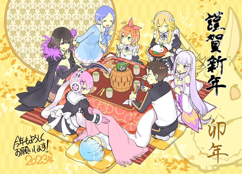 1boy 2023 6+girls black_hair blanket blonde_hair blue_hair braid breasts brown_hair character_doll chinese_zodiac cleavage closed_eyes cup doll earmuffs elsa_granhilte emilia_(re:zero) flat_chest frederica_baumann green_eyes green_tea halyou kotatsu maid medium_breasts meili_portroute multiple_girls natsuki_subaru orange_hair petelgeuse_romaneeconti petra_leyte pink_hair pop-up_pirate ram_(re:zero) re:zero_kara_hajimeru_isekai_seikatsu red_eyes rem_(re:zero) roswaal_mansion_maid_uniform sleeping socks table tea toy_knife under_covers waving white_socks year_of_the_rabbit