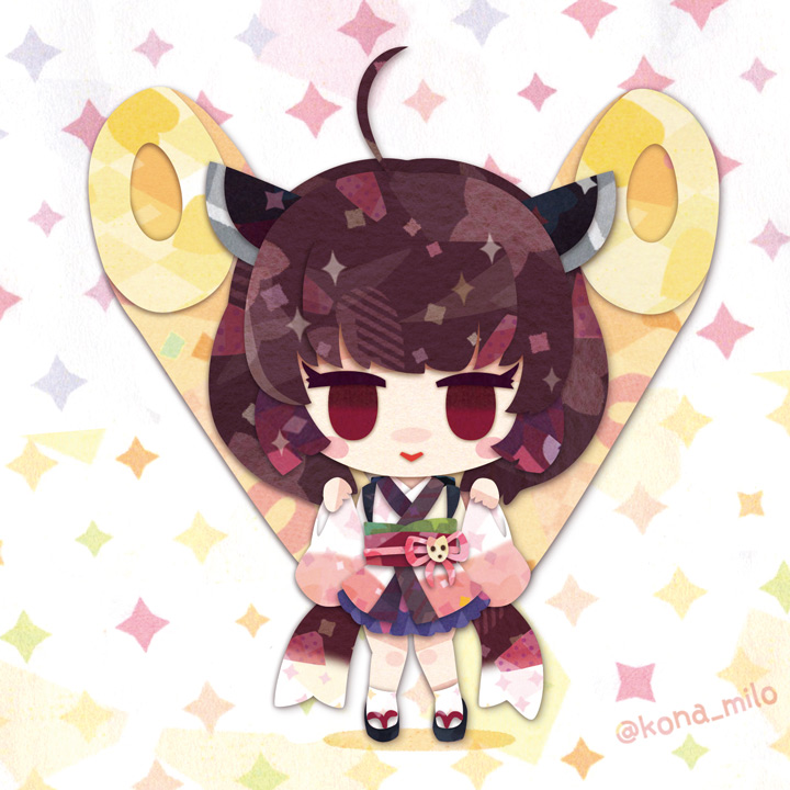1girl ahoge bamboo black_sandals blue_hakama blush_stickers brown_hair chibi chibi_only closed_mouth commentary hakama hakama_short_skirt hakama_skirt hands_up japanese_clothes kikuchi_milo kimono long_sleeves medium_hair no_sclera obi red_eyes red_sash sandals sash skirt smile socks solo touhoku_kiritan voiceroid white_kimono white_socks wide_sleeves