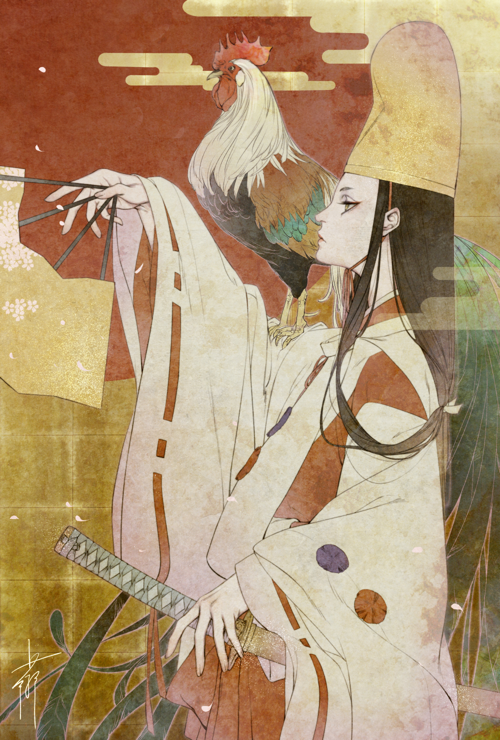 1girl animal animal_on_shoulder bird black_hair chicken chinese_zodiac closed_mouth commentary fine_art_parody from_side hakama hakama_skirt hand_fan hat highres holding holding_fan holding_sheath japanese_clothes kimono long_hair looking_to_the_side new_year nihonga original parody profile red_hakama ribbon-trimmed_sleeves ribbon_trim rooster sheath sheathed shirabyoshi shiranagi_chiyuki signature skirt solo tate_eboshi white_kimono wide_sleeves year_of_the_rooster yellow_eyes
