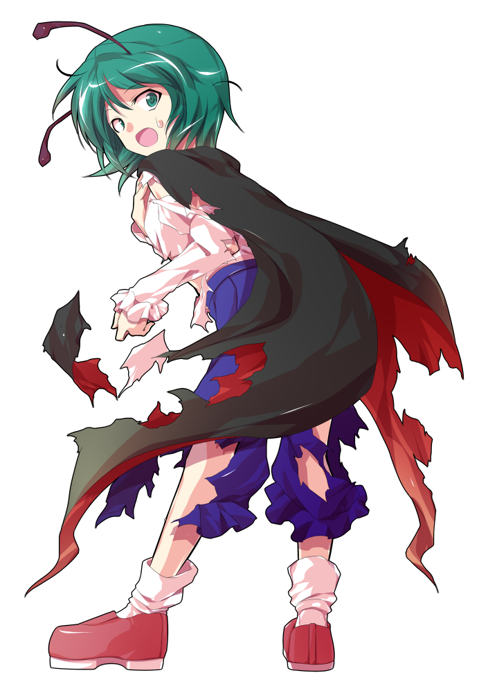 1girl alphes_(style) antennae back black_cape blue_shorts buttons cape commentary_request dairi defeat full_body green_eyes green_hair imperishable_night juliet_sleeves large_variant_set loafers long_sleeves open_mouth parody puffy_sleeves red_cape red_shoes rider_kick shirt shirt_tucked_in shoes short_hair shorts socks solo style_parody sweatdrop tachi-e torn_clothes touhou transparent_background two-sided_cape two-sided_fabric variant_set white_shirt white_socks wriggle_nightbug