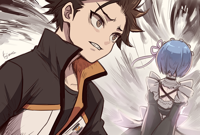 1boy 1girl arms_behind_back black_hair black_shirt blue_hair bob_cut brown_eyes frilled_shirt_collar frills fujimaru_(green_sparrow) high_collar jacket maid_headdress natsuki_subaru open_clothes open_jacket puffy_sleeves re:zero_kara_hajimeru_isekai_seikatsu rem_(re:zero) shirt short_hair teeth