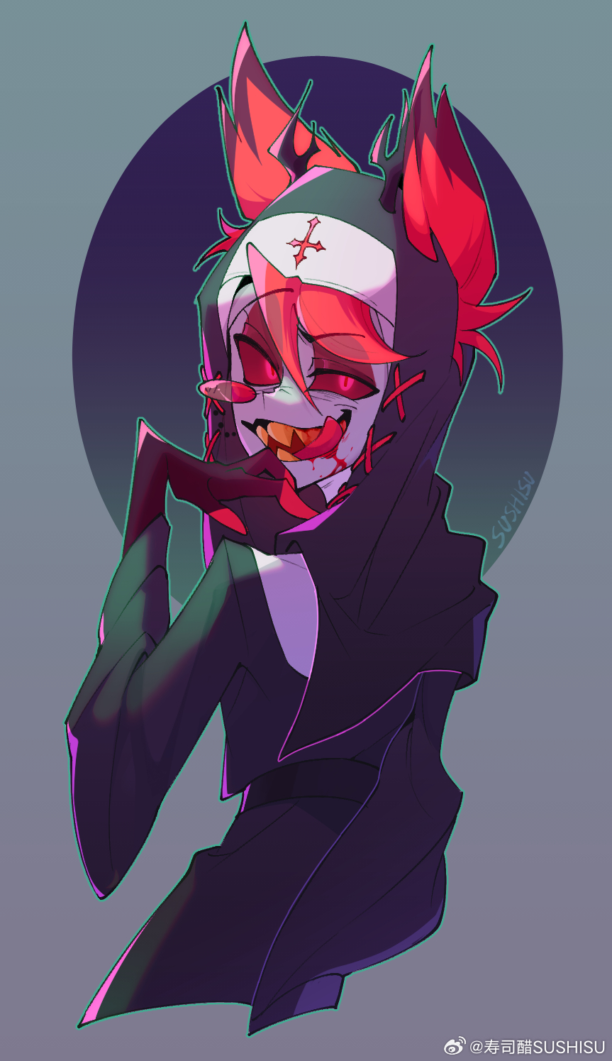 1boy alastor_(hazbin_hotel) animal_ears antlers artist_name black_robe blood blood_from_mouth blue_background chinese_commentary coif colored_sclera colored_skin colored_teeth commentary_request cropped_legs cross deer_antlers deer_boy deer_ears eyeshadow gradient_background green_background green_outline grey_background grey_skin habit hair_between_eyes half-closed_eyes hand_on_own_chin hand_up hazbin_hotel highres horns inverted_cross licking_lips long_sleeves looking_at_viewer looking_back makeup male_focus monocle multicolored_hair nun outline red-tinted_eyewear red_eyes red_eyeshadow red_hair red_sclera robe sharp_teeth simple_background smile solo sushisu_(okamikoto050) teeth tinted_eyewear tongue tongue_out two-tone_hair watermark weibo_watermark yellow_teeth