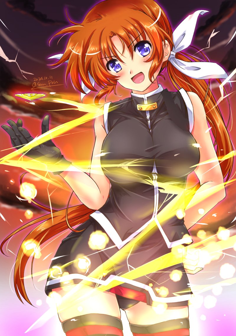 1girl asymmetrical_gloves bardiche_(nanoha) black_gloves black_panties black_thighhighs blue_eyes blush breasts brown_hair dated fingerless_gloves gloves hair_ribbon hand_on_own_hip large_breasts long_hair looking_at_viewer lyrical_nanoha mahou_shoujo_lyrical_nanoha_strikers microskirt open_mouth panties pantyshot ribbon san-pon side_ponytail signature skirt sleeveless smile solo takamachi_nanoha thighhighs underwear
