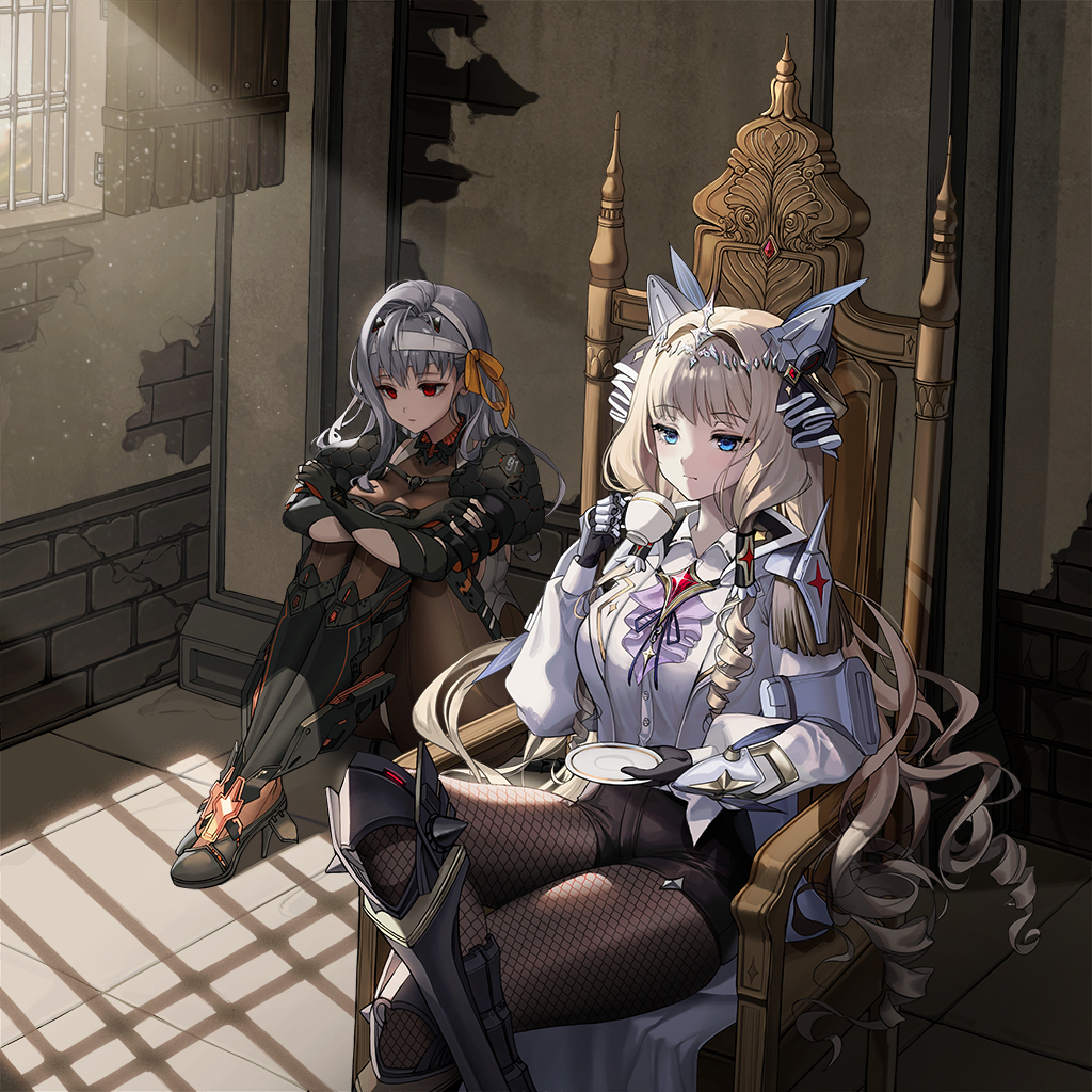 2girls armored_legwear artist_request blonde_hair breasts crown_(nikke) cup game_cg goddess_of_victory:_nikke grey_hair hand_on_knees holding holding_cup indoors jewelry long_hair modernia_(nikke) multiple_girls official_art shirt sitting sitting_on_object sitting_on_throne tea white_shirt
