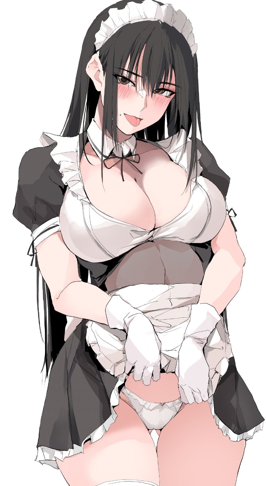 1girl apron black_dress black_hair blush breasts brown_eyes cleavage clothes_lift commentary detached_collar dress gloves highres large_breasts long_hair looking_at_viewer maid maid_headdress mole mole_under_mouth original puffy_short_sleeves puffy_sleeves short_sleeves sidelocks solo thighhighs thighs tongue tongue_out white_apron white_gloves white_thighhighs zekkyon