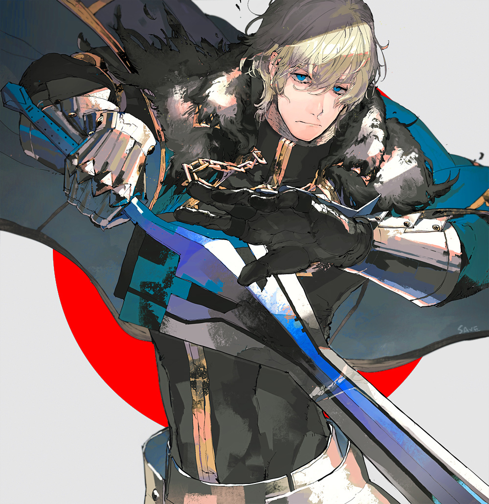 1boy armor artist_name black_gloves blonde_hair blue_cape blue_eyes cape collared_cape excalibur_galatine_(fate) fate/extra fate/grand_order fate_(series) fur_collar gauntlets gawain_(fate) gloves holding holding_sword holding_weapon knight knights_of_the_round_table_(fate) long_sleeves looking_at_viewer male_focus savemenu short_hair solo sword upper_body weapon