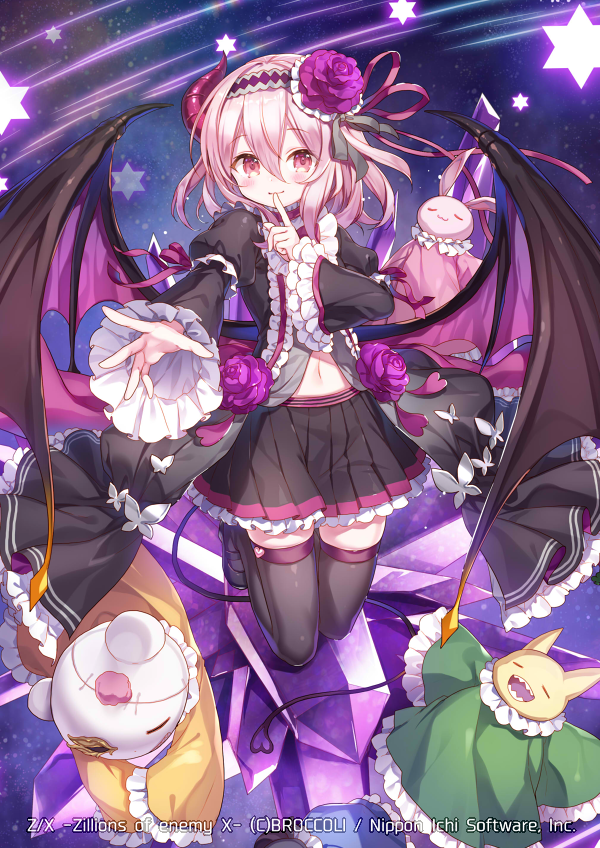 1girl animus_(z/x) black_jacket black_shirt black_shoes black_thighhighs closed_mouth copyright_notice demon_girl demon_horns demon_tail demon_wings finger_to_mouth flower frilled_hairband frills gem hair_between_eyes hair_flower hair_ornament hair_ribbon hairband horns jacket kneeling masaru.jp medium_hair navel official_art pink_eyes pink_hair pink_ribbon purple_gemstone ribbon shirt shoes shushing solo stuffed_animal stuffed_rabbit stuffed_toy tail teddy_bear thighhighs wings z/x